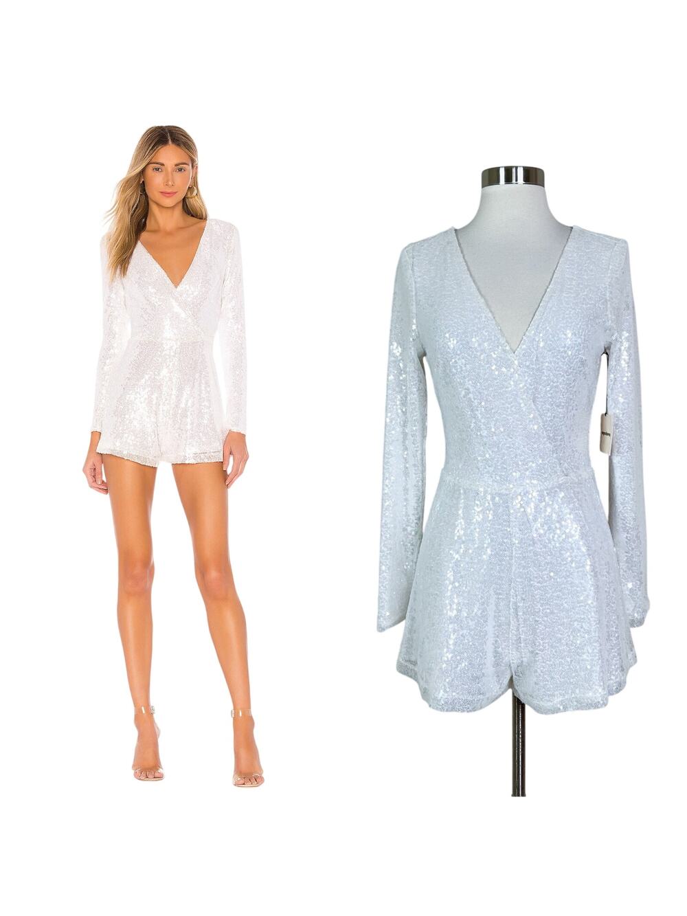 NEW Superdown | Devonne Surplice White Sequin V Neck Keyhole Back Bridal Romper